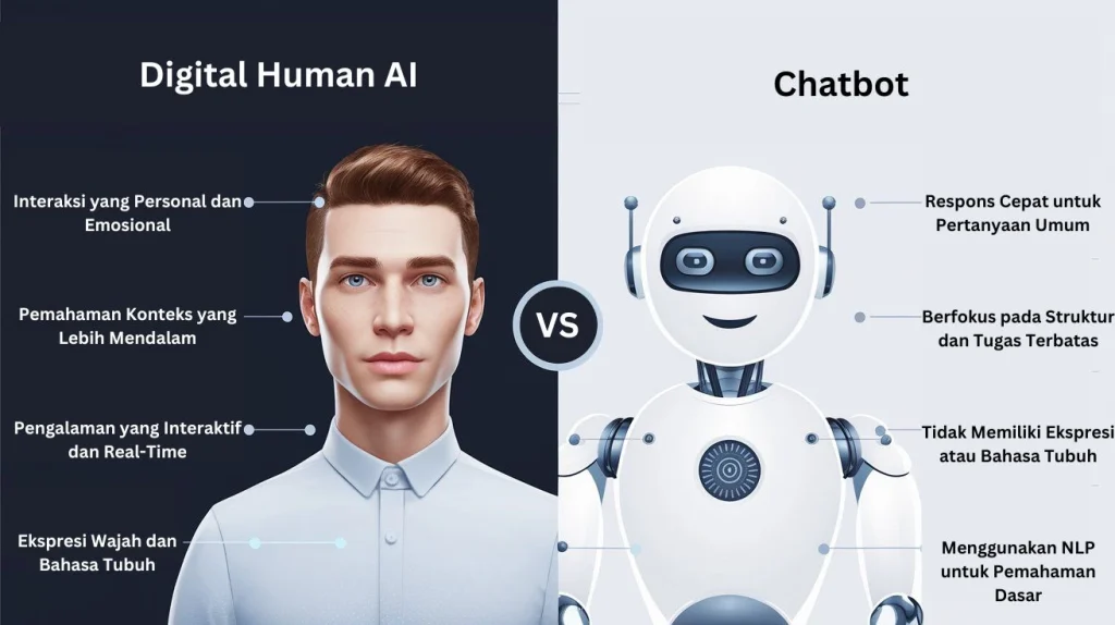 ilustrasi perbedaan fungsi dan kemampuan interaksi antara digital human ai dan chatbot