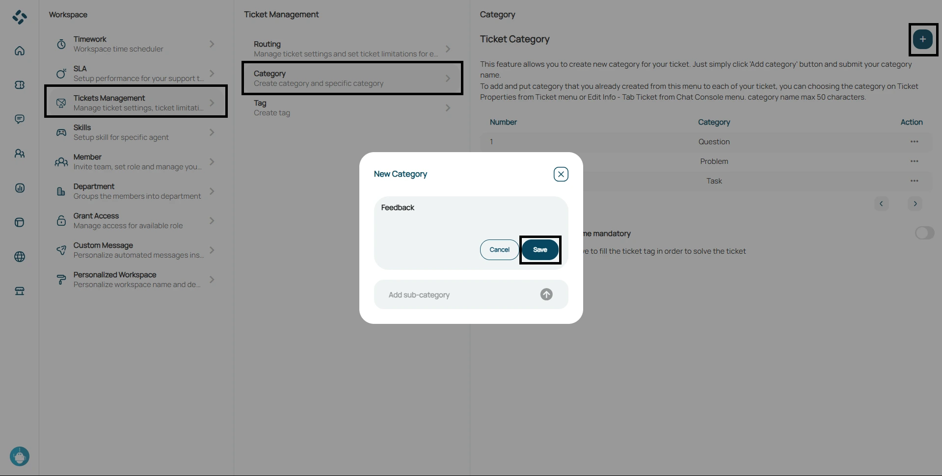 tampilan fitur add category pada menu workspace