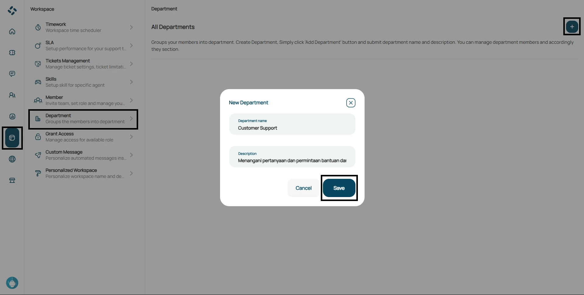 tampilan fitur add departement pada menu workspace