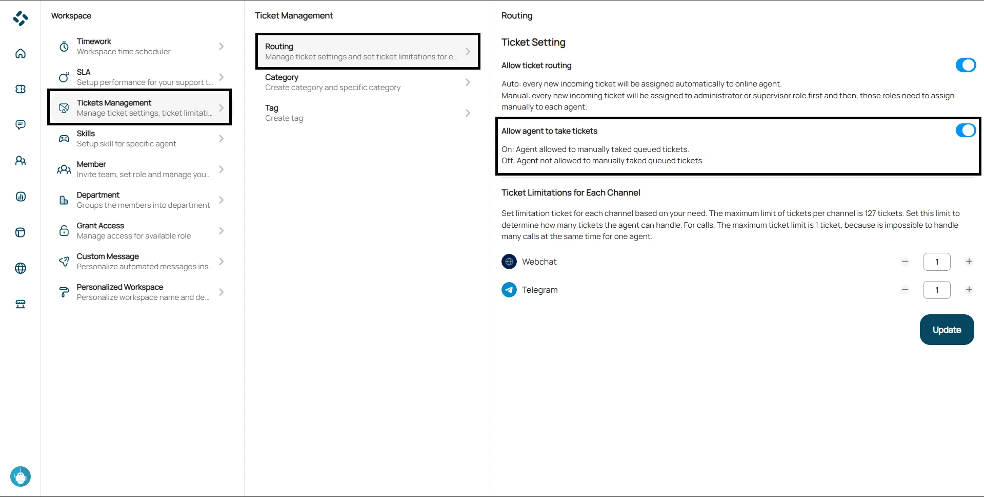 tampilan fitur allow agent to take tickets pada menu ticket management
