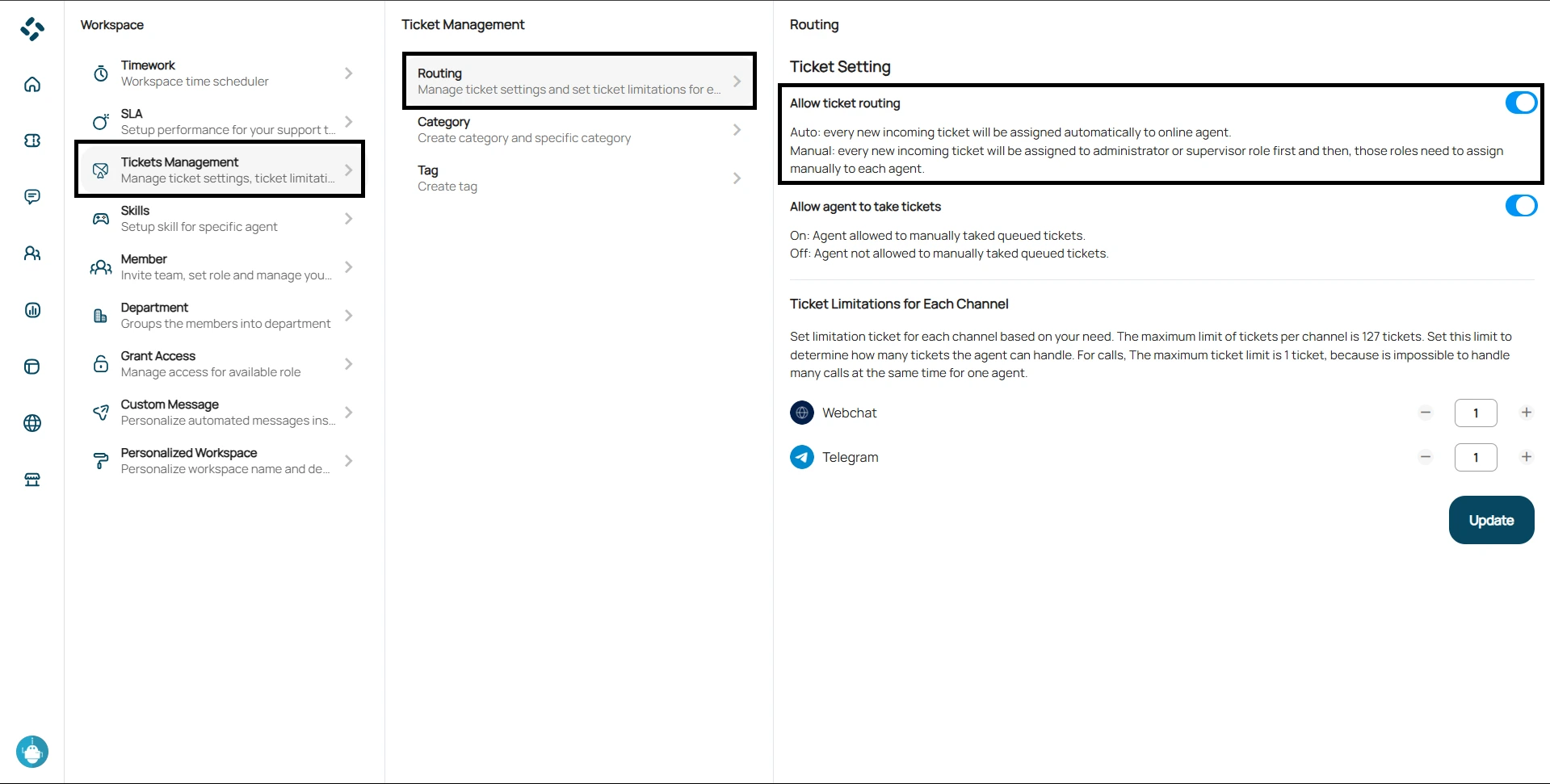 tampilan fitur allow ticket routing pada menu ticket management