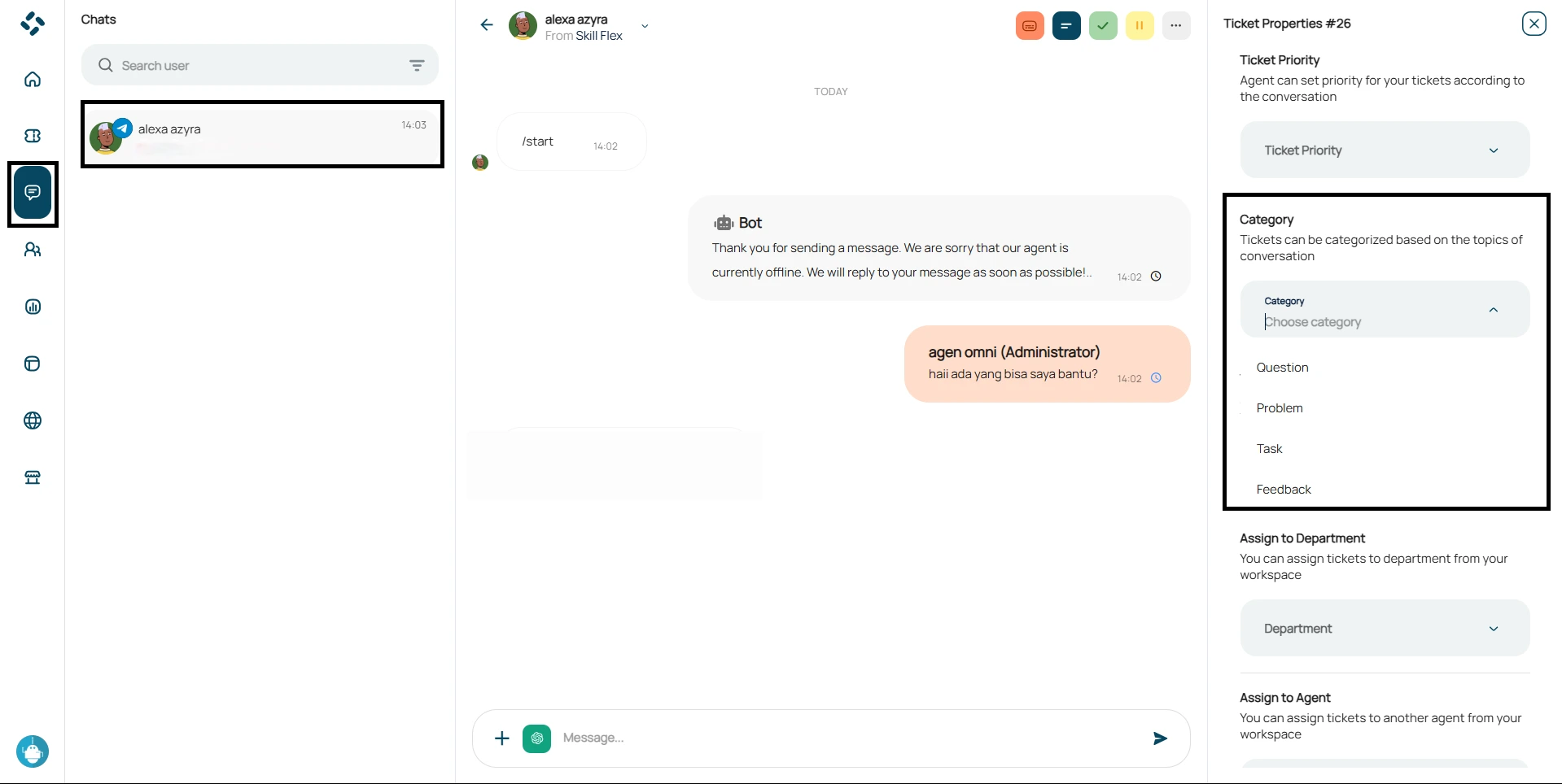tampilan fitur category pada menu chat