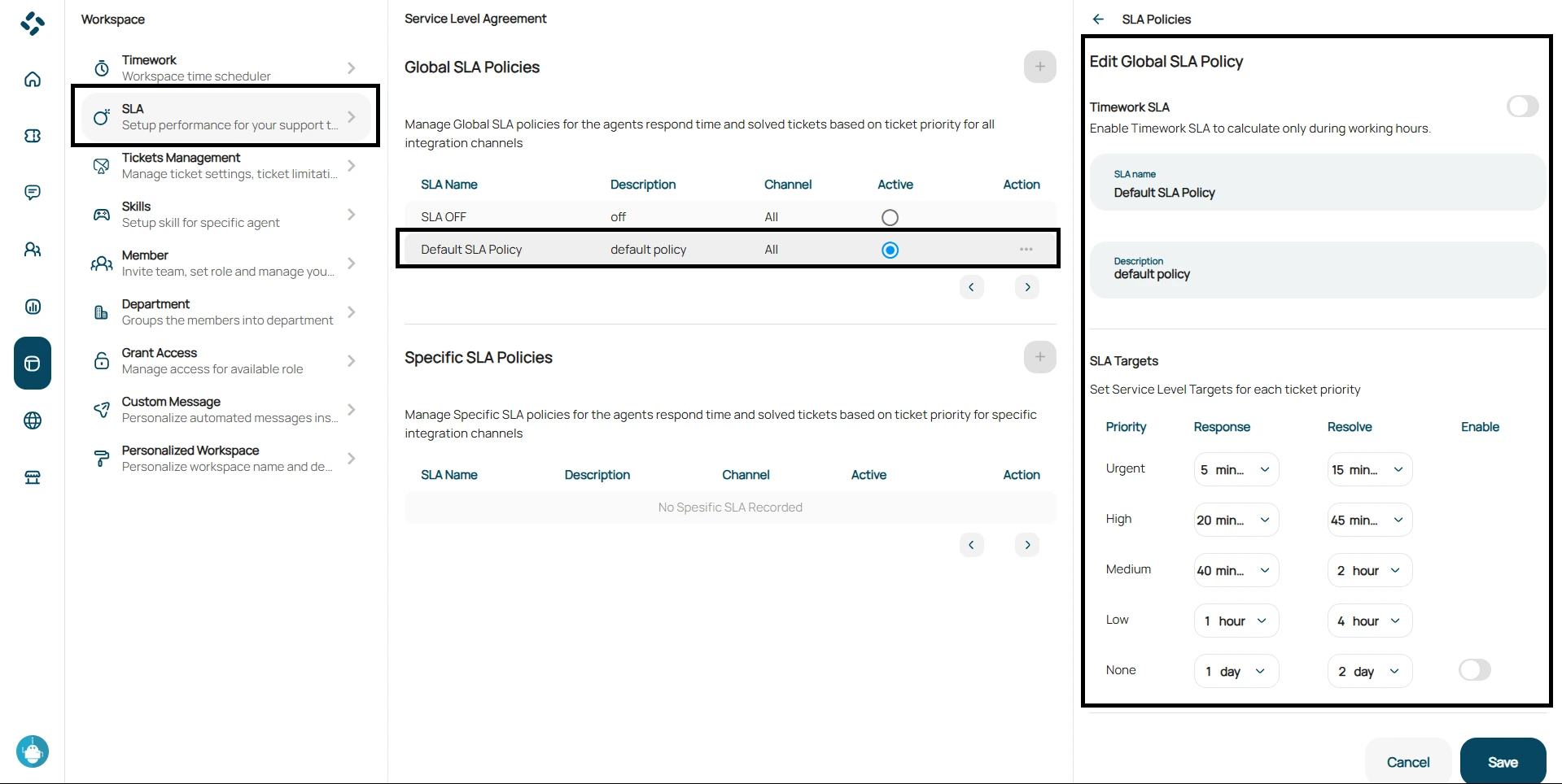 tampilan fitur global sla policies pada menu workspace