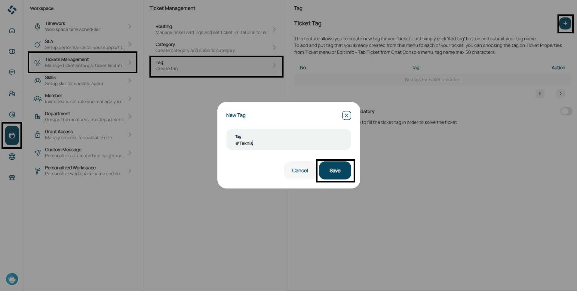 tampilan fitur new tag pada menu workspace