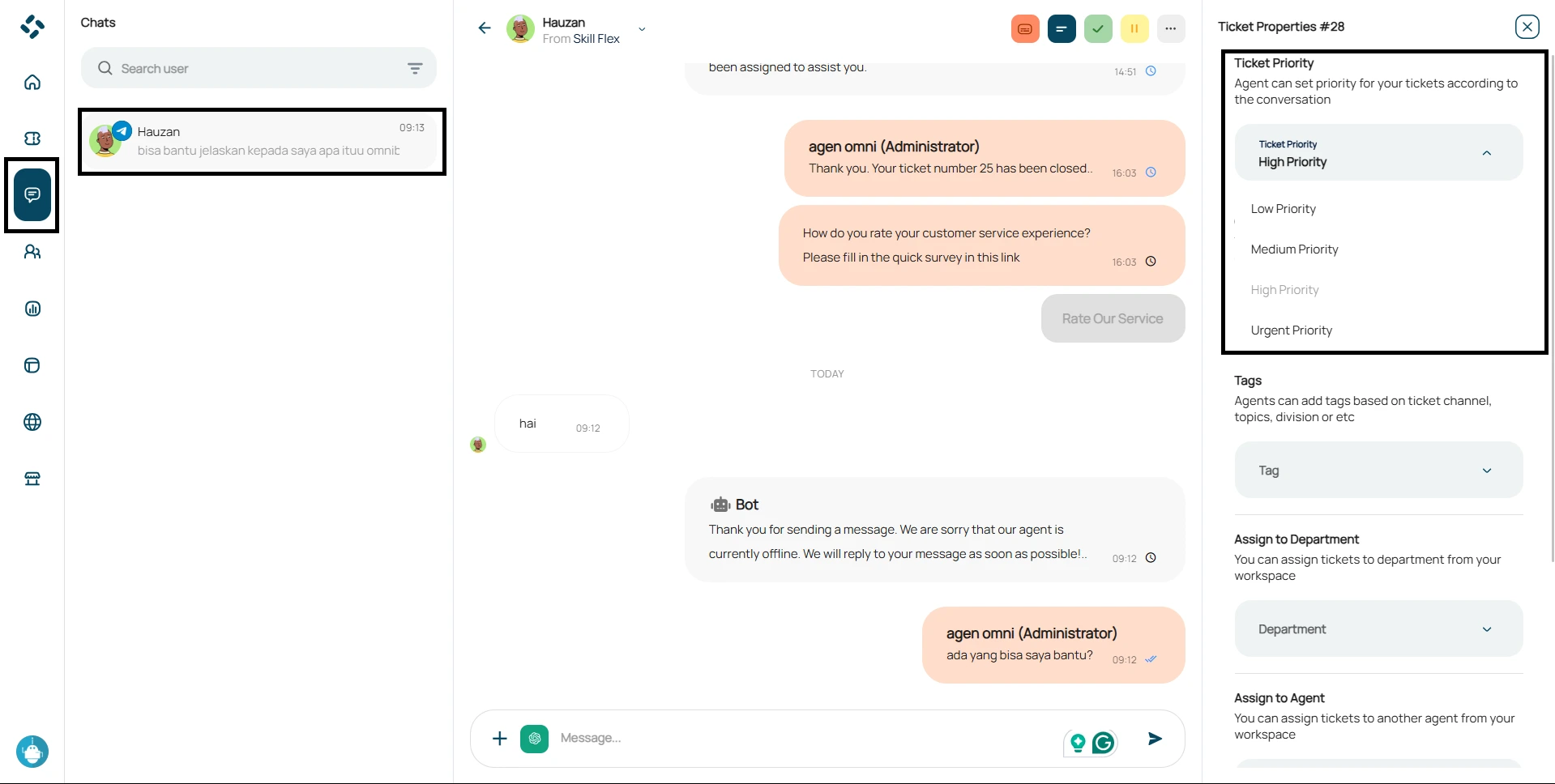 tampilan fitur sla pada menu chat saat menangani chat dari pelanggan