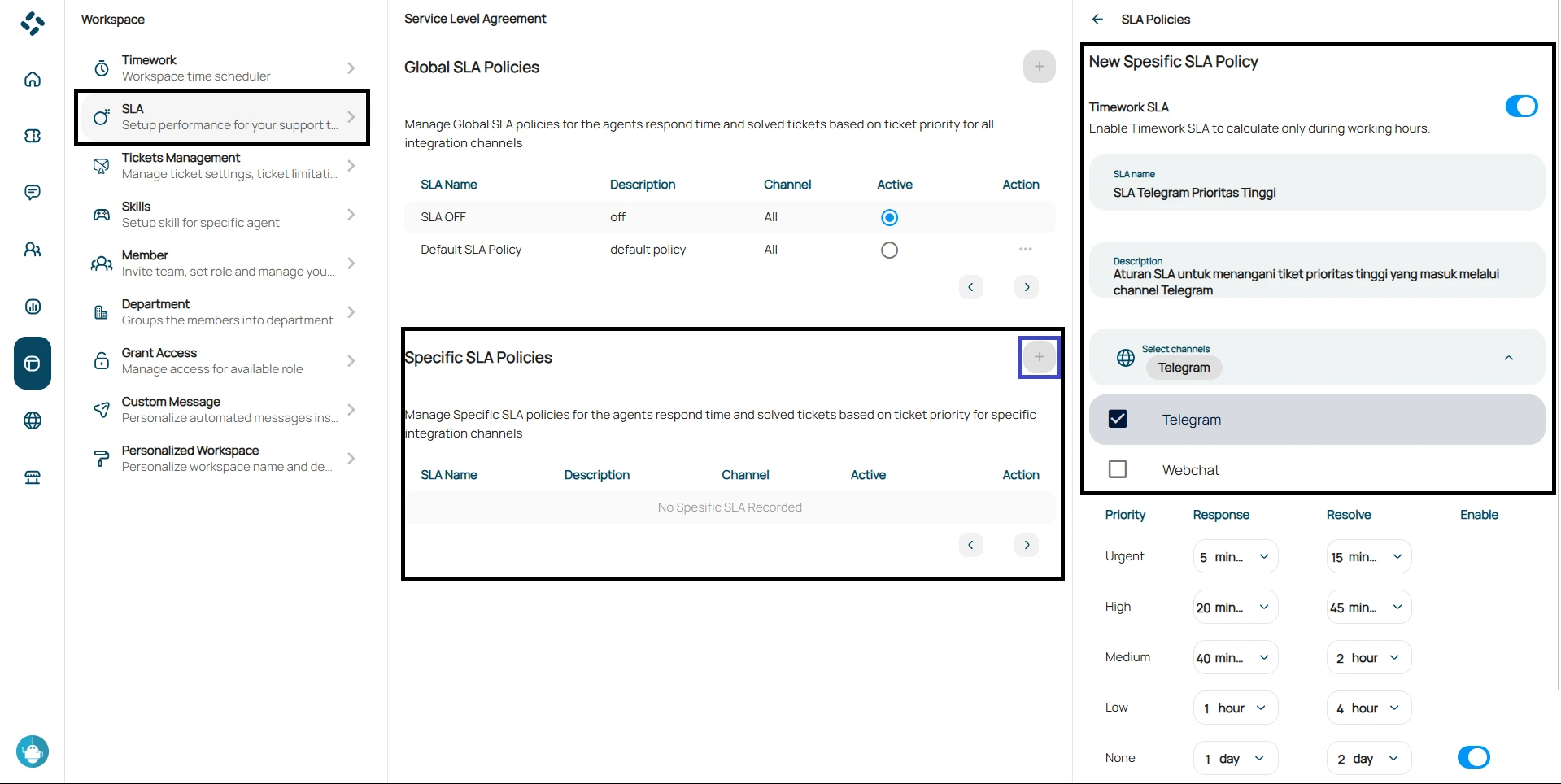 tampilan fitur spesific sla policy pada menu workspace