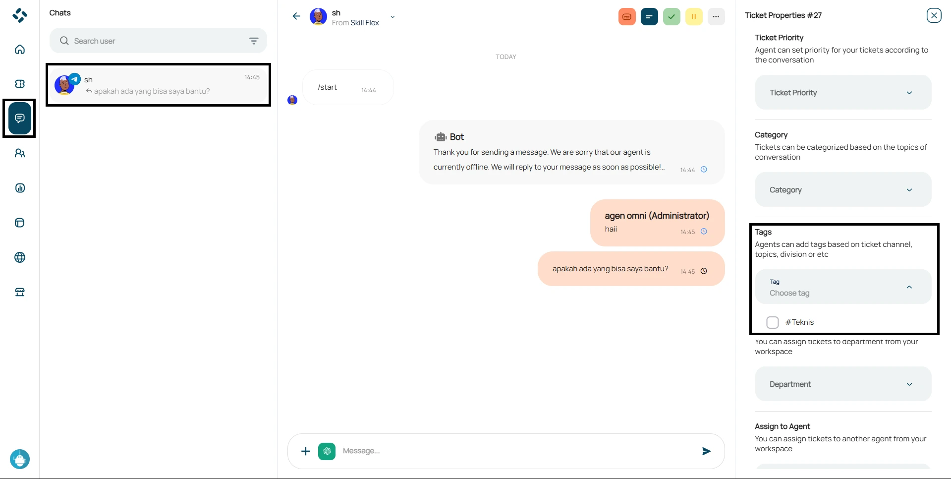 tampilan fitur tags pada menu chat