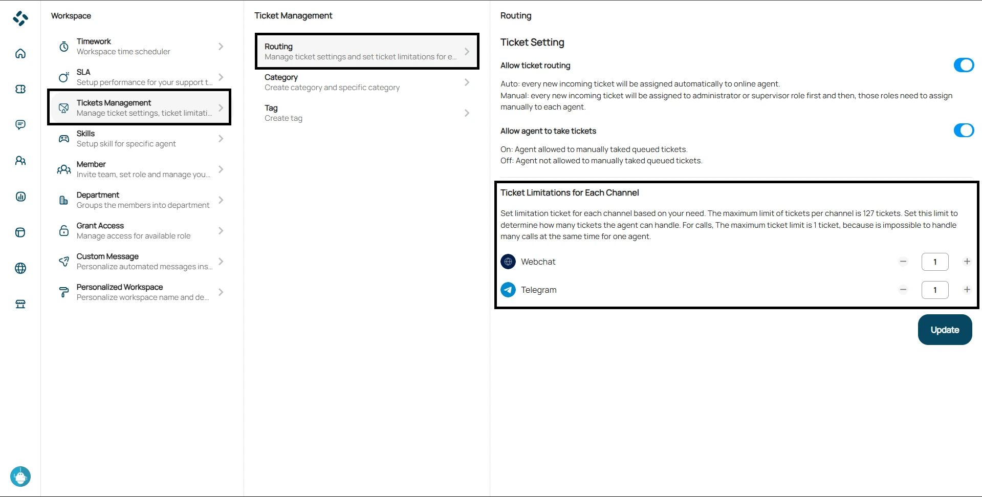 tampilan fitur ticket limitations for each channel pada menu ticket management
