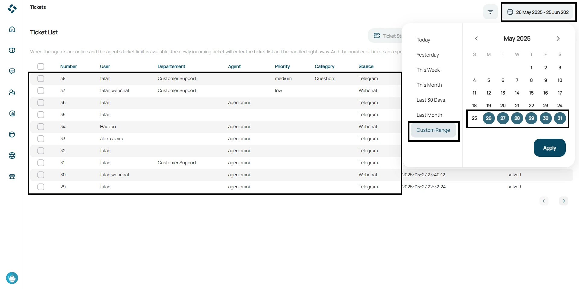 tampilan filter custom range