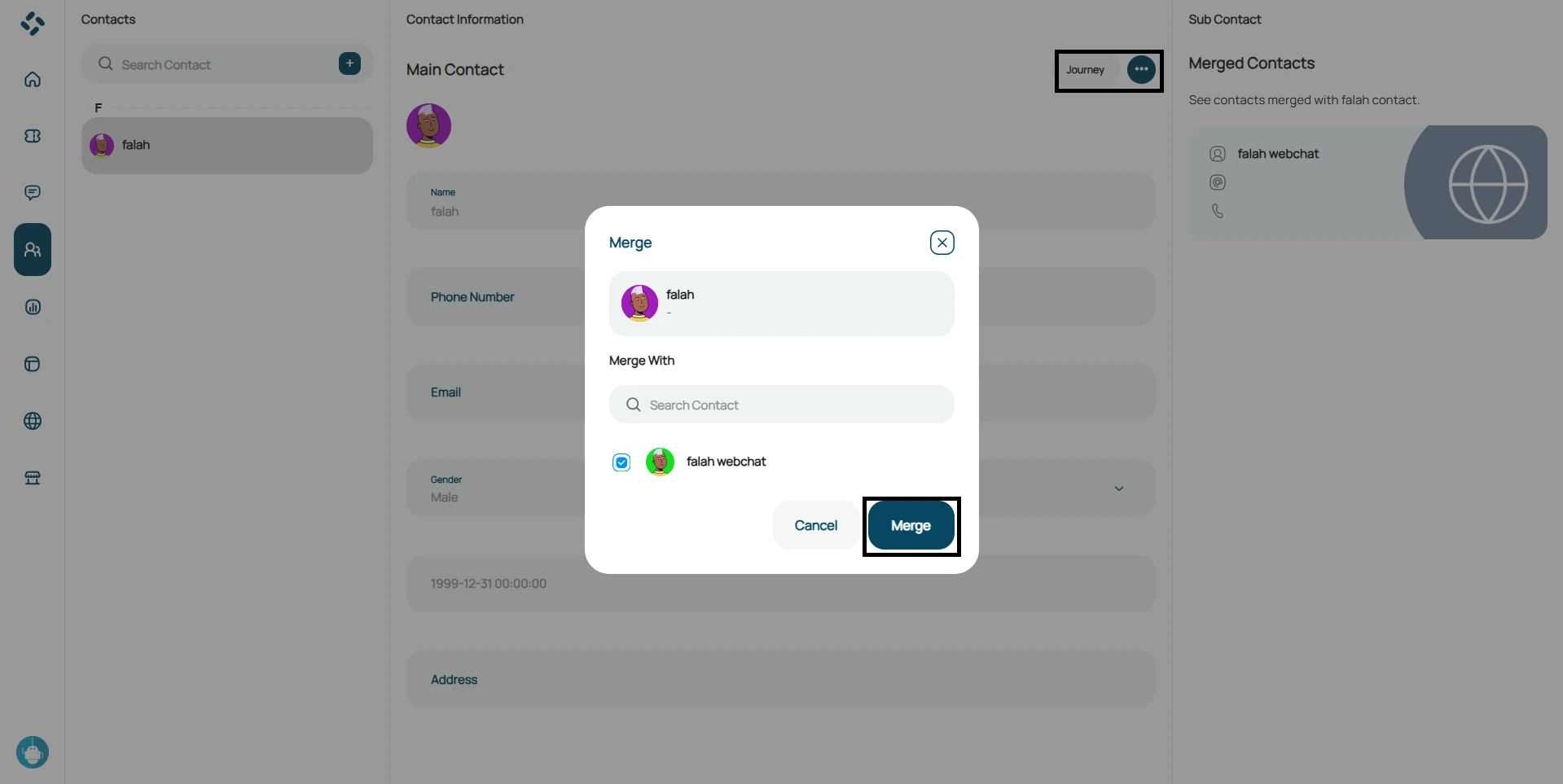 tampilan fitur merged contact pada omnibotika