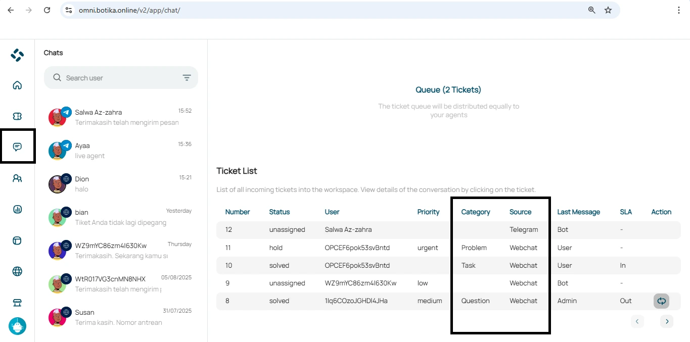 Category dan Source di Ticket List Menu Chat