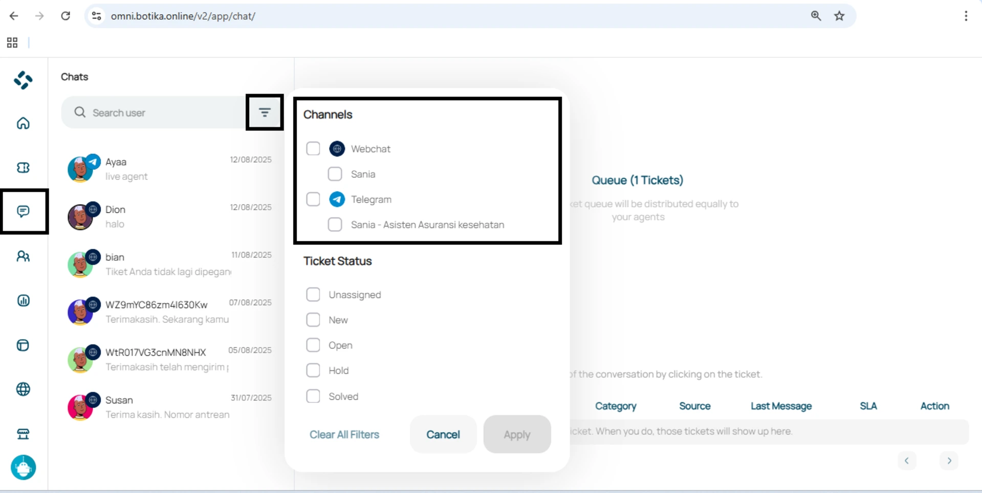 filter pesan pelanggan berdasarkan channel