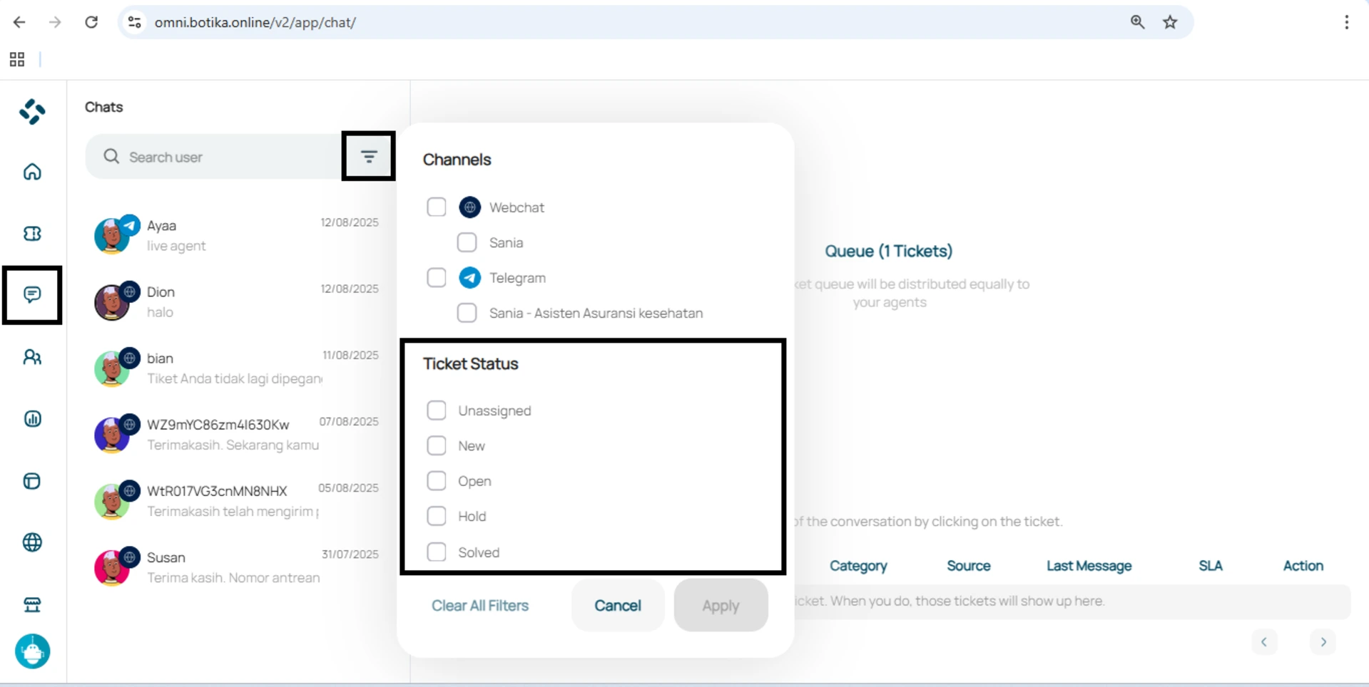 filter pesan pelanggan berdasarkan status tiket