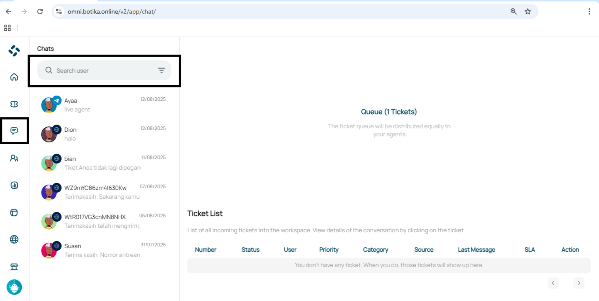 search user untuk mencari pesan pelanggan yang dicari