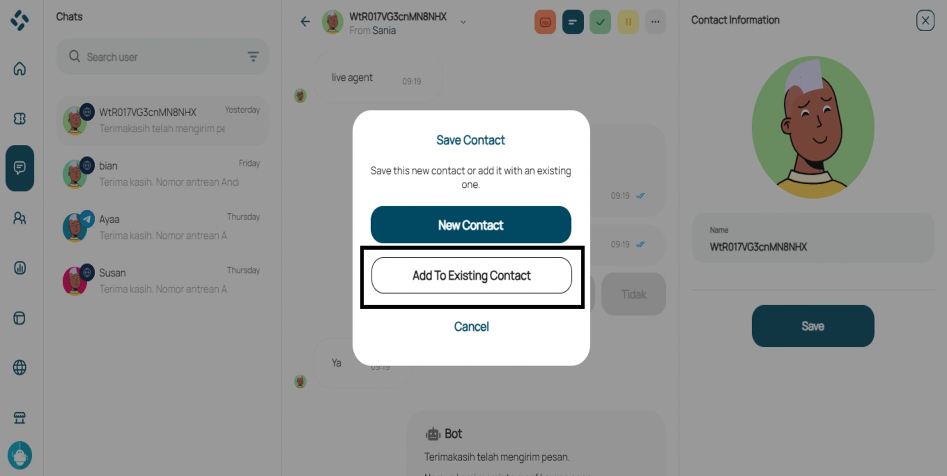 Tampilan Pop-up Add to Existing Contact