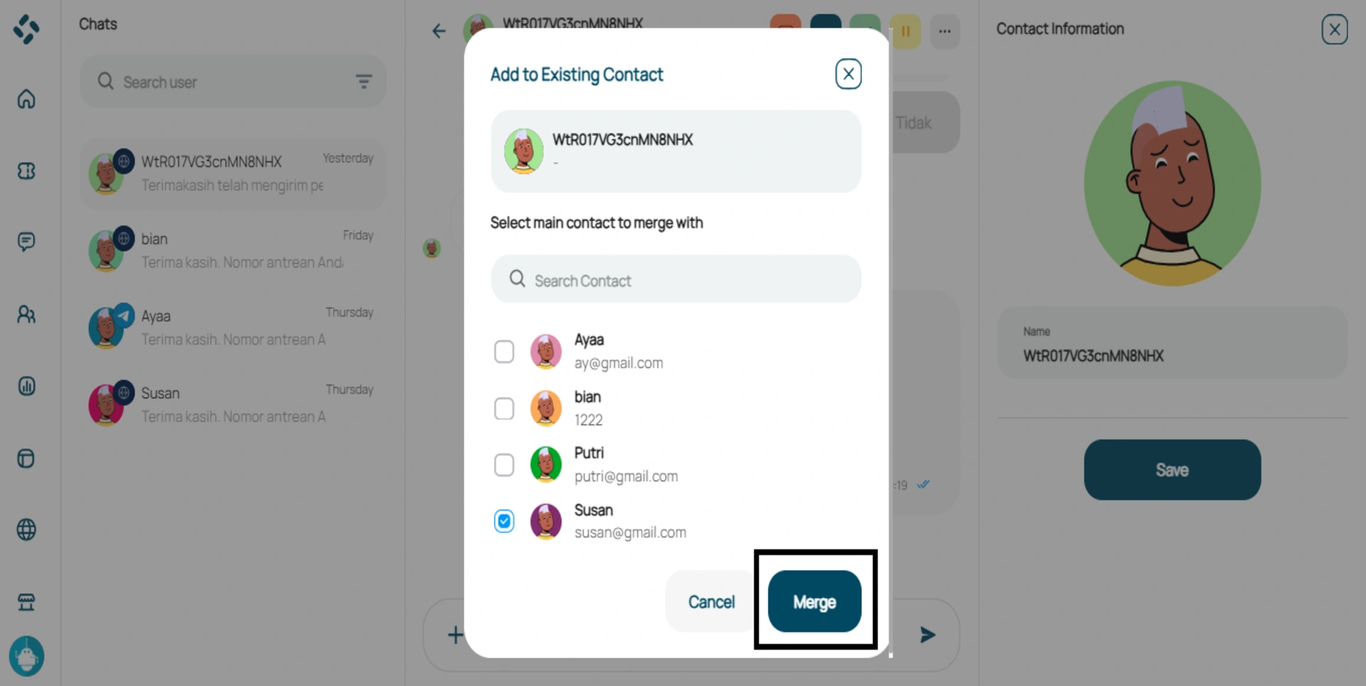 Tampilan Pop-up untuk menggabungkan kontak