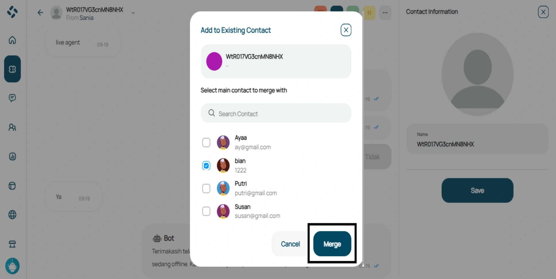 Tombol Merge untuk menggabungkan informasi baru ke dalam kontak pelanggan yang sudah ada.