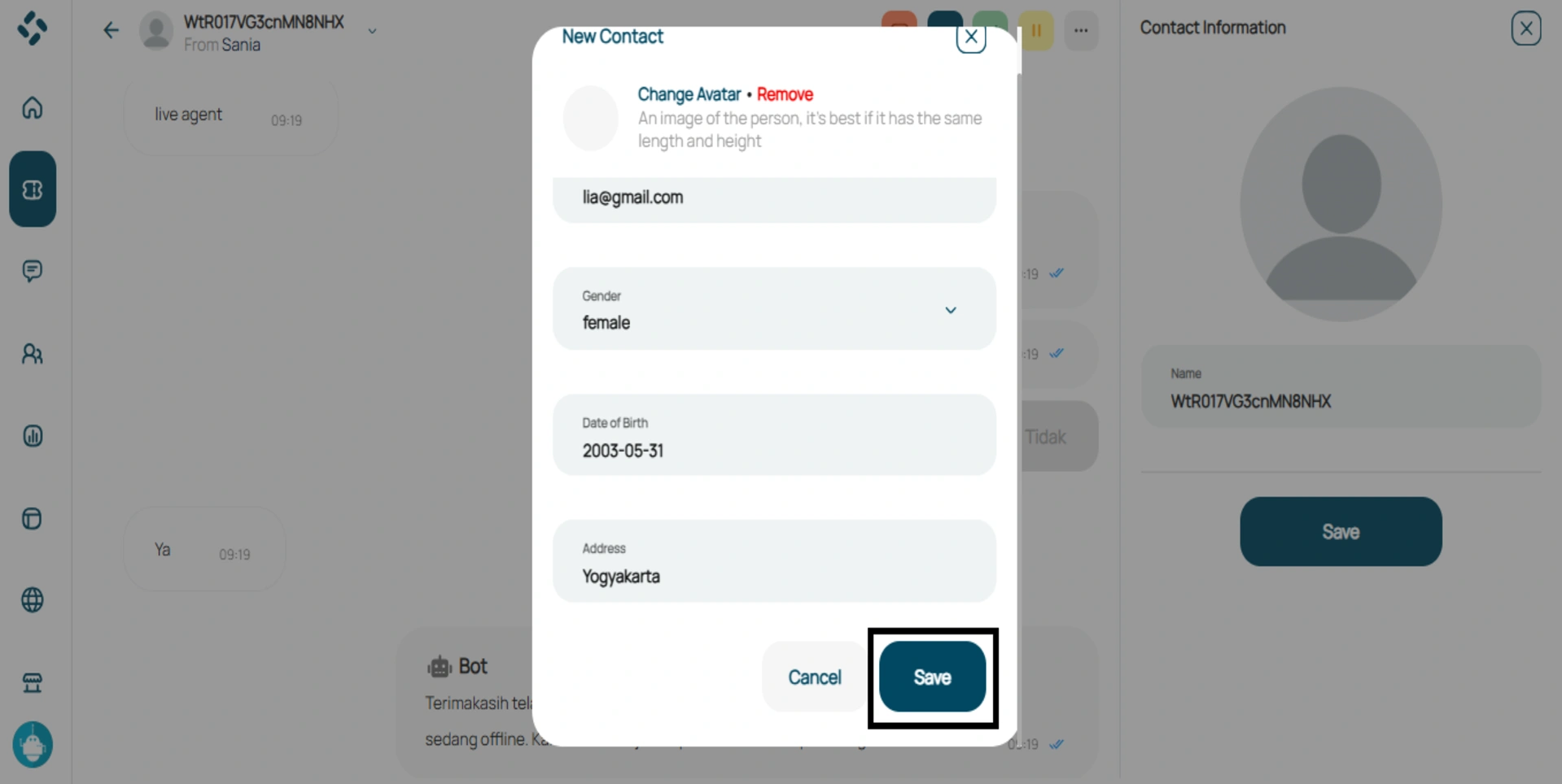 Tampilan formulir New Contact
