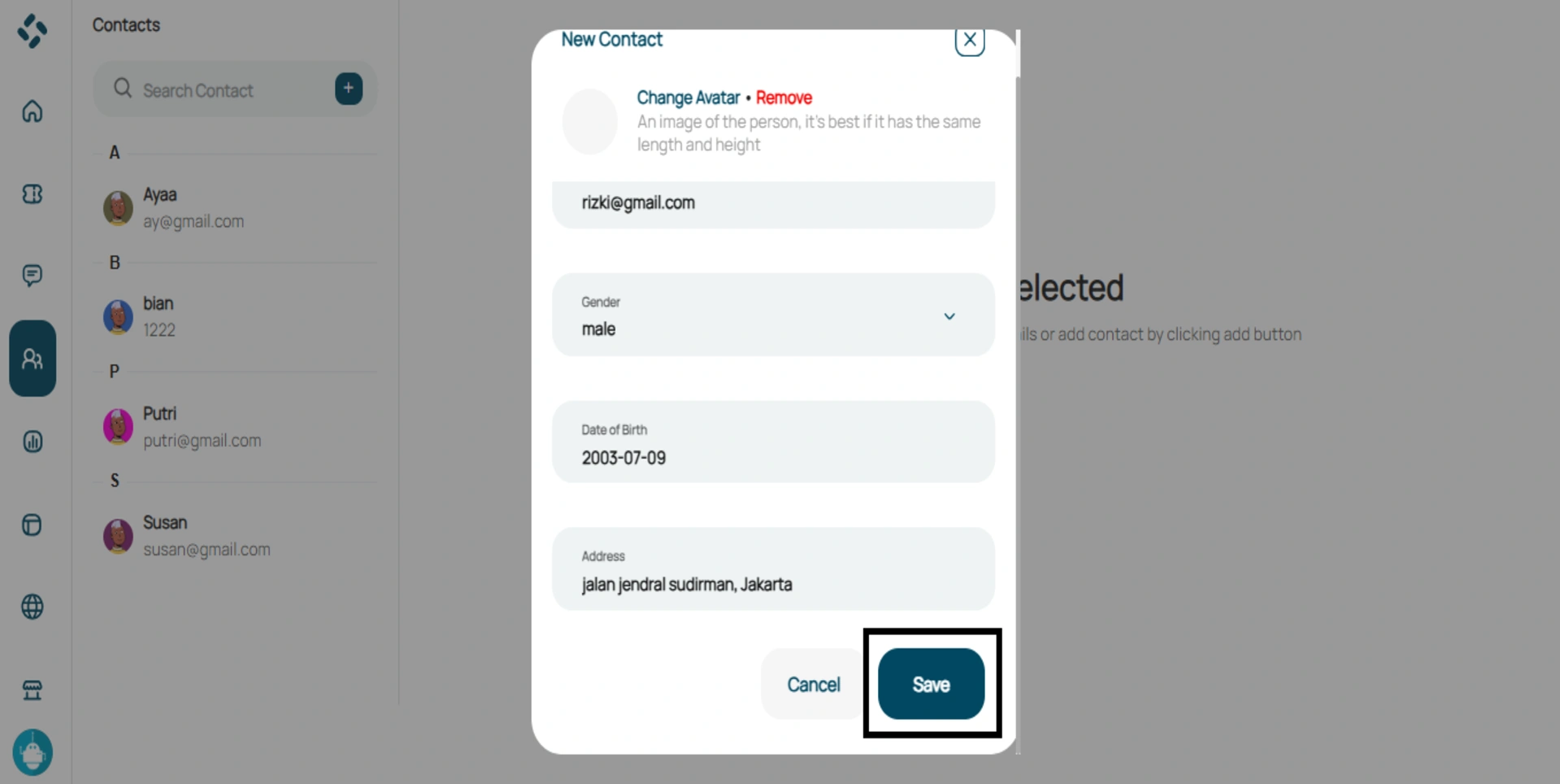 Tombol Save untuk menyimpan kontak pelanggan setelah semua informasi diisi dengan lengkap