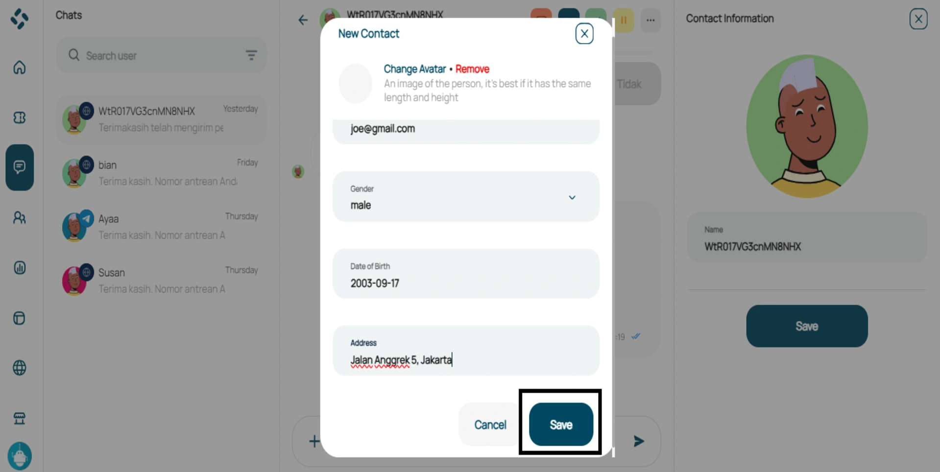 Tampilan formulir New Contact