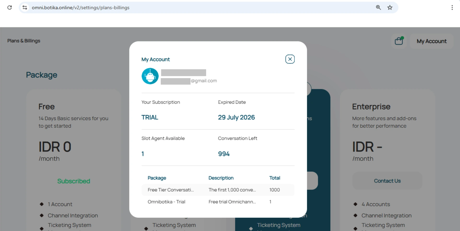 Tampilan plan yang sudah aktif di Omnibotika