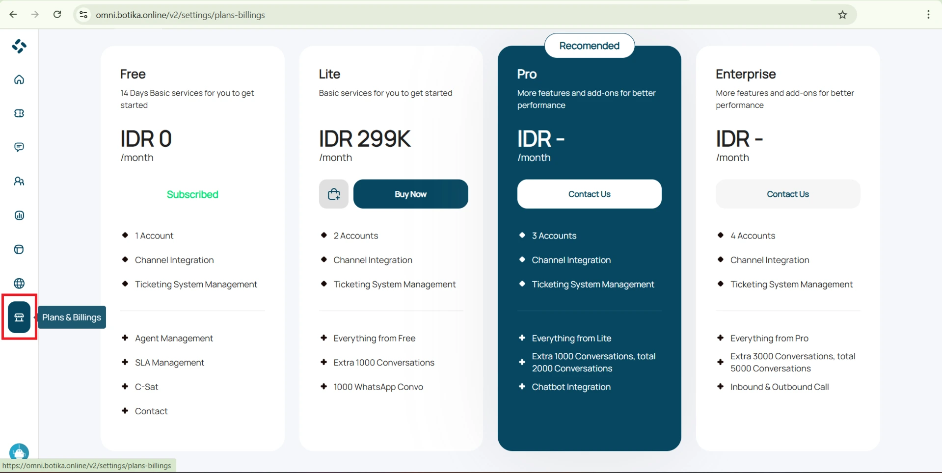 Plan yang ada di Menu Plan and Billings di Omnibotika V2