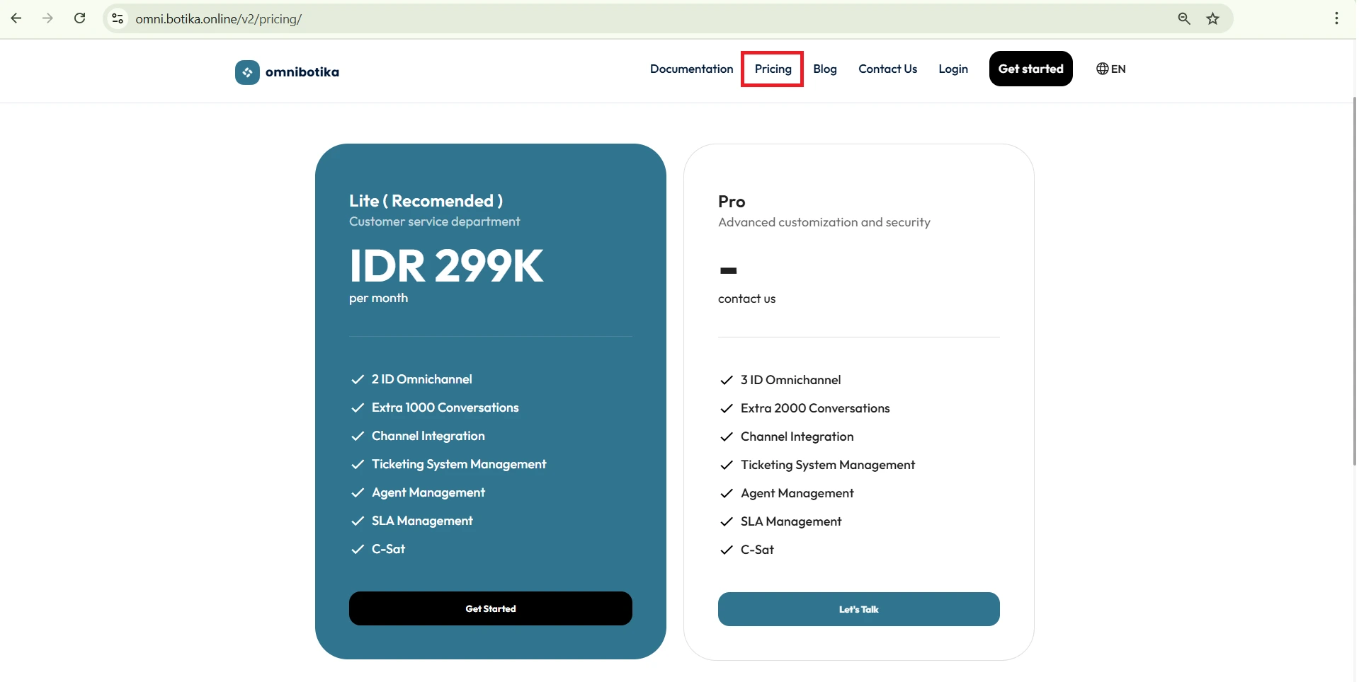 Pricing Plan di Omnibotika V2