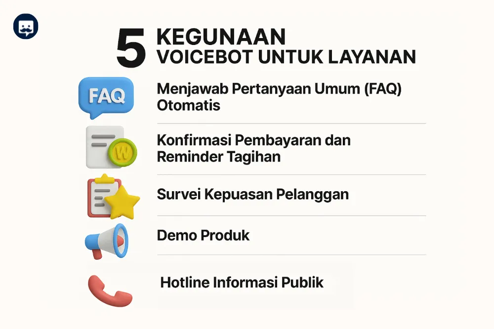 5 kegunaan voicebot AI untuk FAQ otomatis, reminder tagihan, survei, demo produk, dan hotline informasi