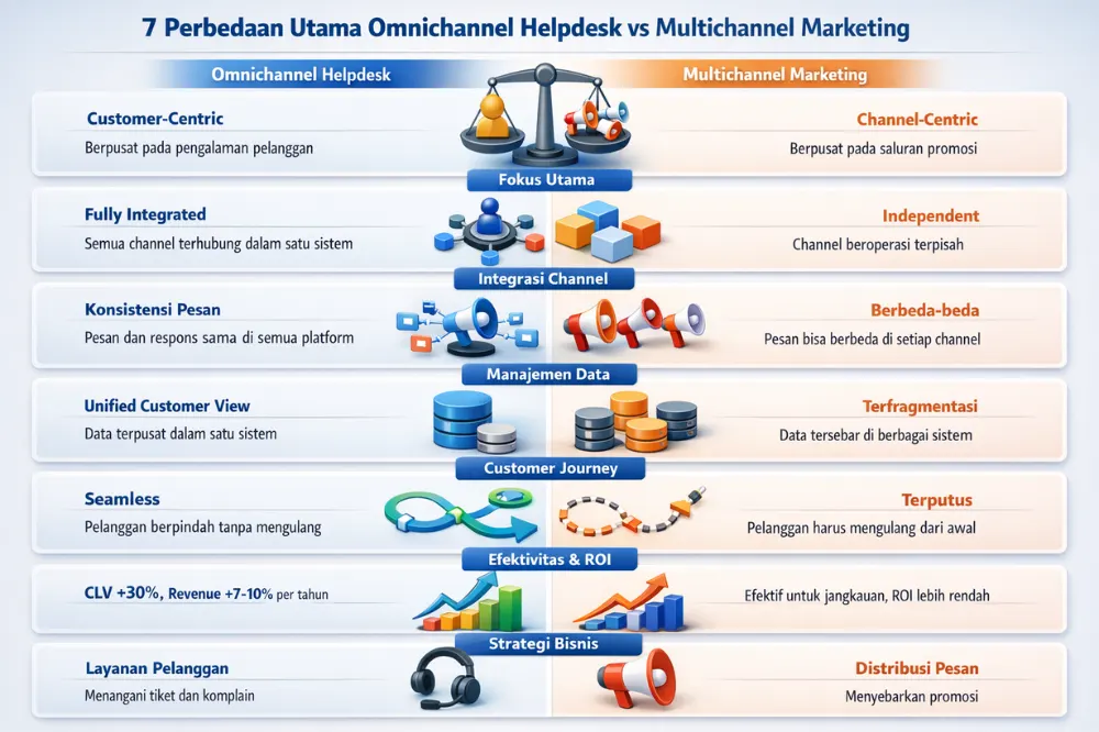 Infografis perbedaan omnichannel helpdesk dan multichannel marketing pada layanan pelanggan
