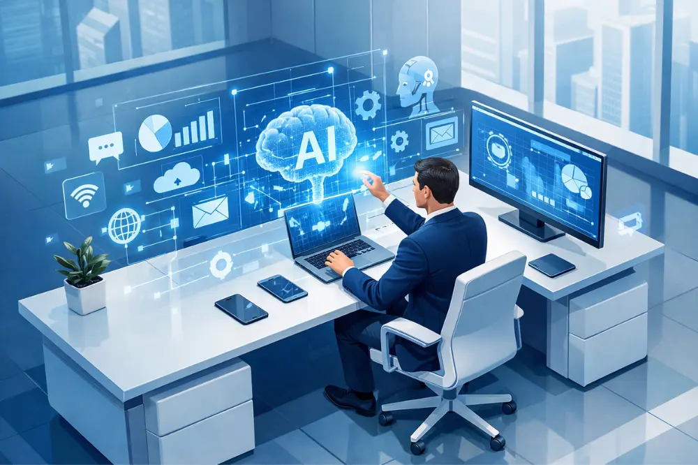 Ilustrasi pekerja menggunakan keterampilan AI dalam pekerjaan sehari-hari