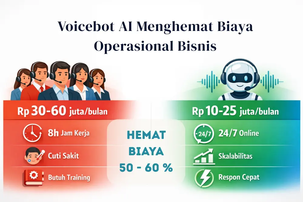 Voicebot AI membantu efisiensi bisnis skala menengah dnegan menghemat biaya operasional 50-70% dibanding merekrut 5-10 customer service