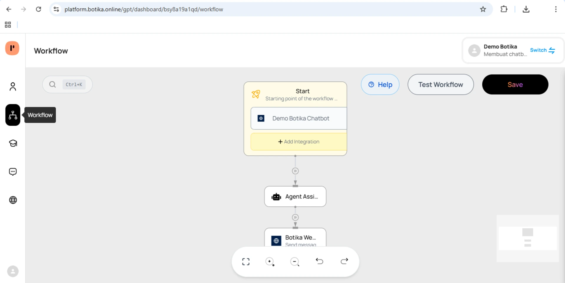 Tampilan menu Workflow di platform agentic Botika Online yang menampilkan alur percakapan AI chatbot dengan node Start, Agent Assistant, dan Botika Webchat yang dapat disesuaikan.