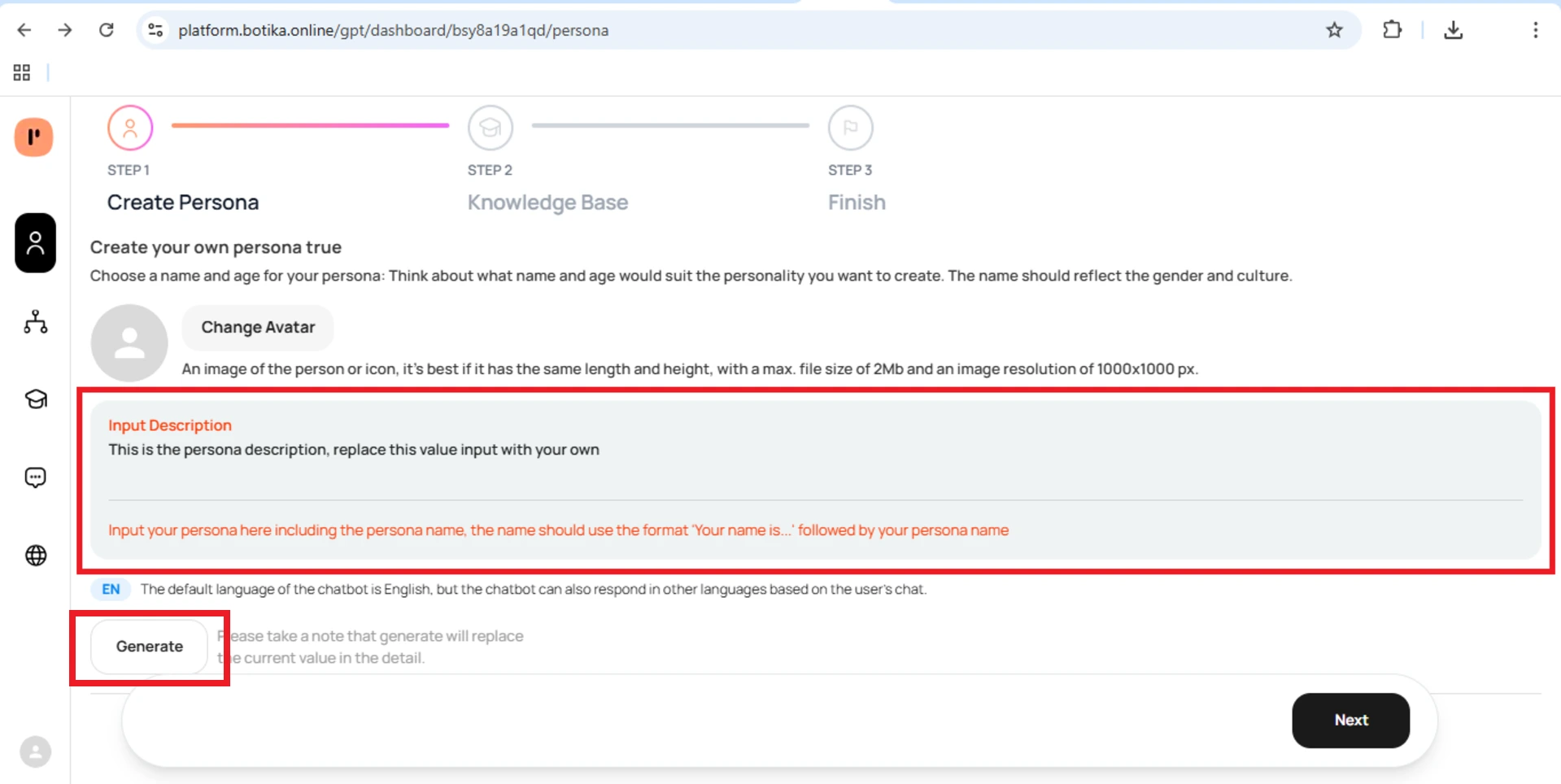 dHalaman Create Persona di Botika Online untuk mengatur karakter AI chatbot, dilengkapi fitur Change Avatar, Input Description, dan opsi Generate otomatis.
