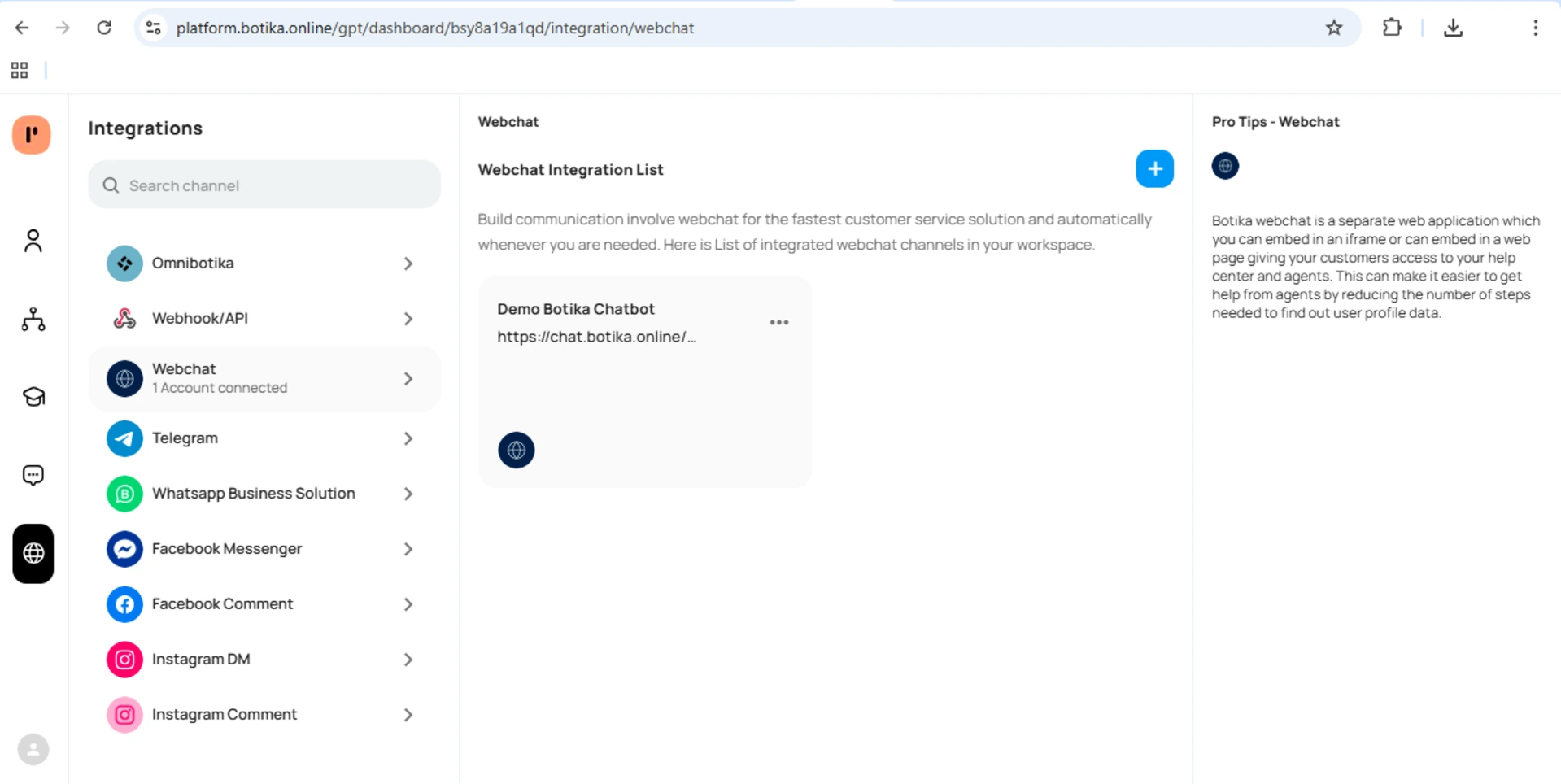 Halaman Integrations Botika Online menampilkan berbagai pilihan channel yang dapat dihubungkan dengan AI chatbot seperti WhatsApp, Telegram, Instagram, Facebook, dan Webchat.