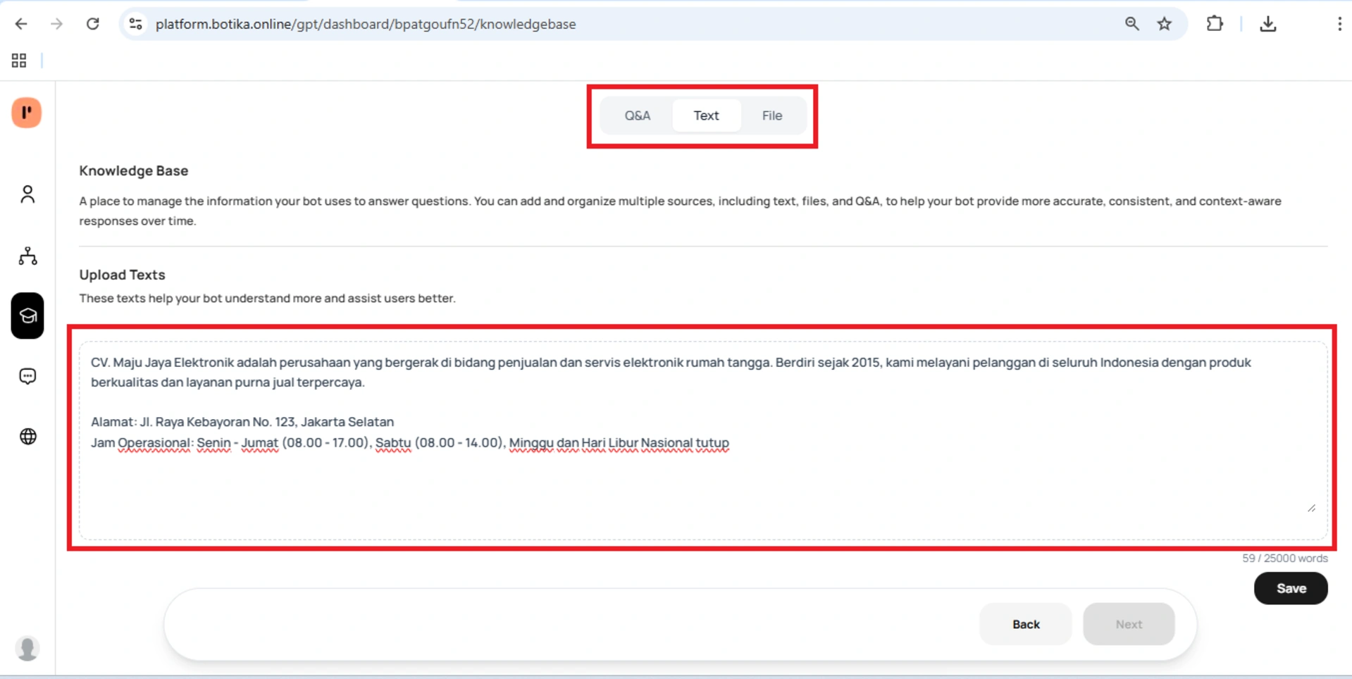 Fitur Upload Texts di menu Knowledge Base Botika Online yang menampilkan contoh teks profil perusahaan CV. Maju Jaya Elektronik sebagai pengetahuan chatbot.