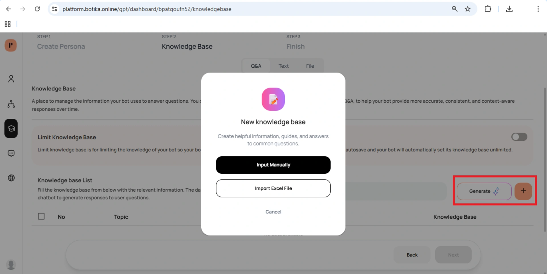 Halaman Knowledge Base Botika Online dengan opsi Input Manual, Import Excel File, dan fitur Limit Knowledge Base untuk membatasi pengetahuan chatbot.