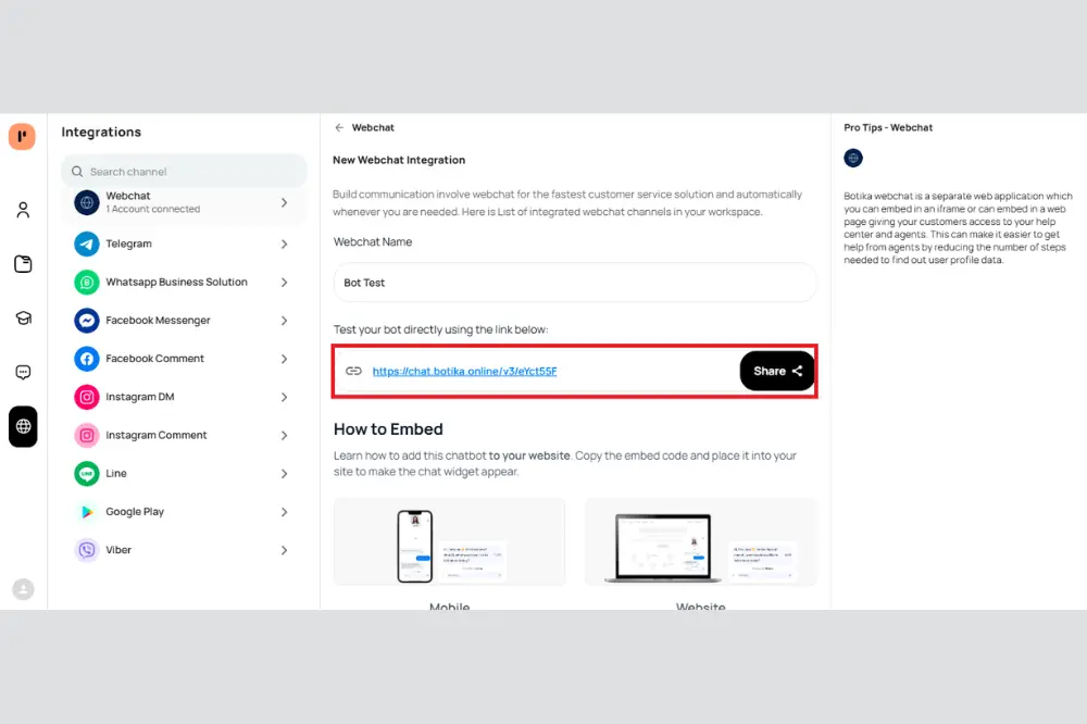 Gambar link URL chatbot AI yang sudah dibuat dan appId untuk integrasi webchat ke aplikasi lain