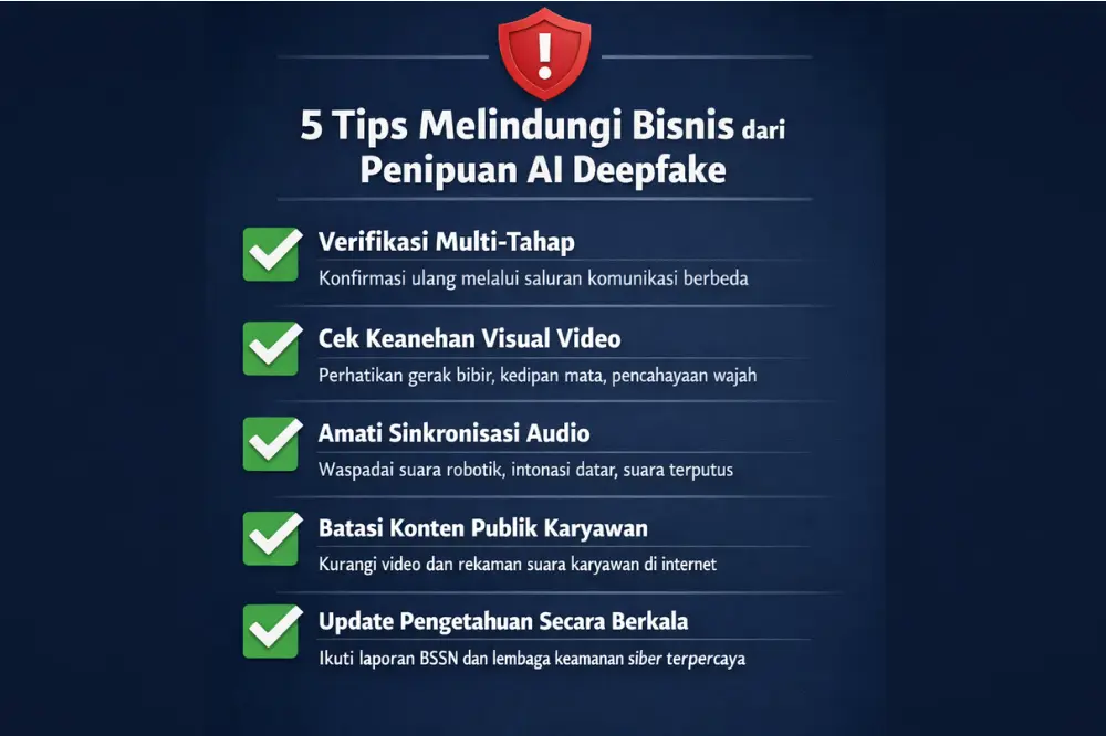 infografis 5 tips melindungi bisnis dari penipuan AI deepfake