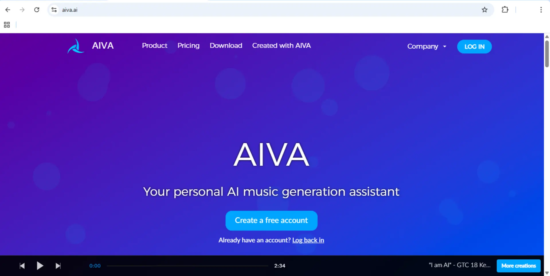 Antarmuka AIVA, teknologi AI asisten generasi musik personal untuk menciptakan komposisi sinematik secara otomatis