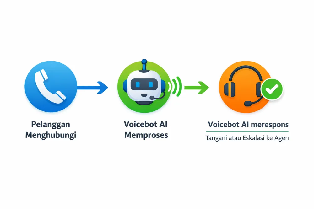 Ilustrasi alur inbound voicebot AI dari pelanggan menghubungi, voicebot memproses, hingga tangani atau eskalasi ke agen
