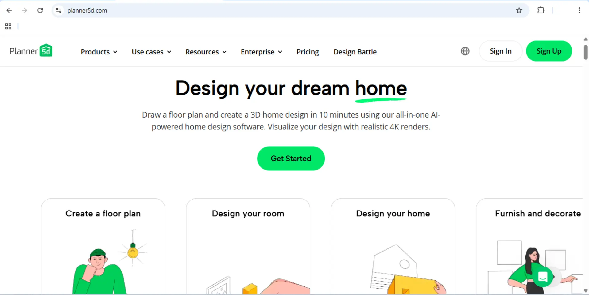 Antarmuka Planner 5D menampilkan render 3D ruang tamu dan opsi AI desain rumah untuk desainer