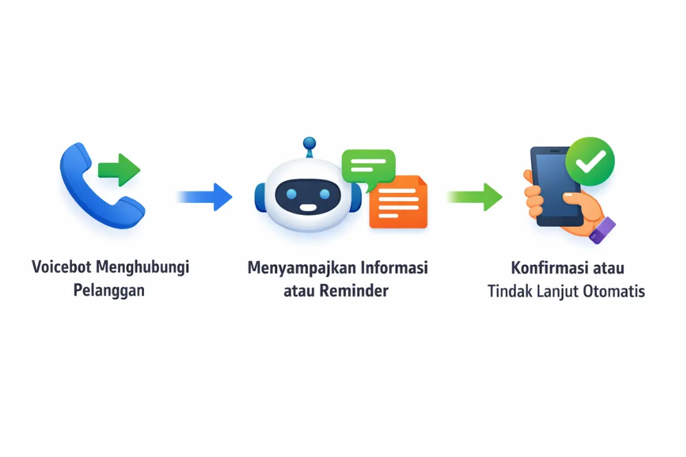Diagram alur outbound voicebot AI dimulai dari voicebot menghubungi pelanggan, menyampaikan informasi, hingga konfirmasi atau tindak lanjut otomatis