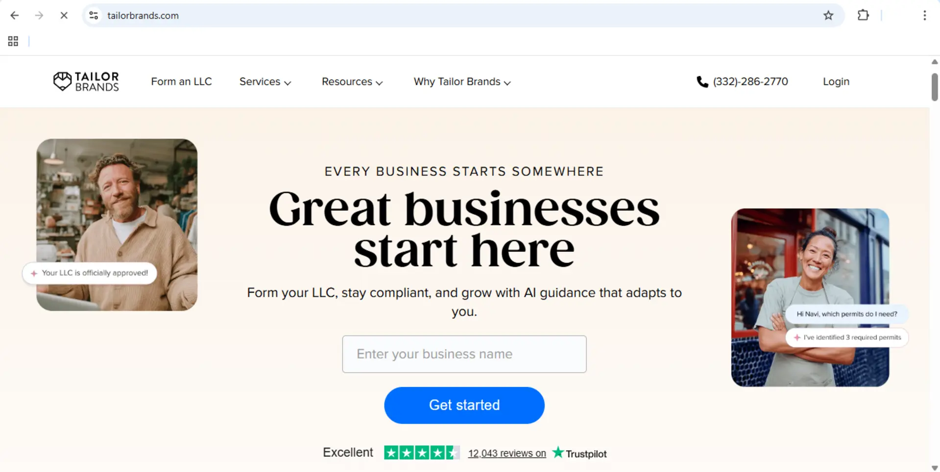 Formulir Tailor Brands dengan kolom nama bisnis untuk memulai desain logo dan konten branding